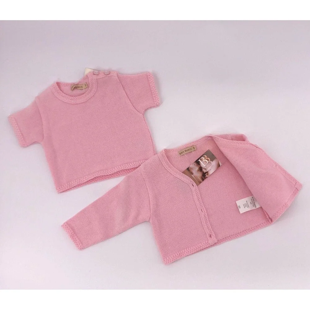 New 6 Mo Pink Short Sleeve Sweater & Cardigan Set Detailed Trim w Square Buttons